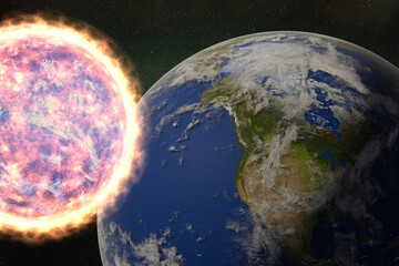 Burning in fire planet near planet Earth in space. 3D render illustration. Elements of this image were furnished by NASA