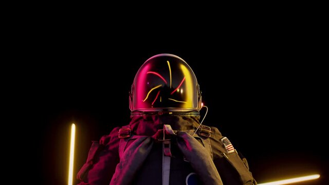 Neon astronaut in infinite warp tunnel. Futuristic loop 3d animation. Red neon