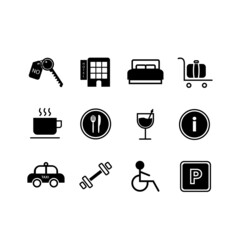 Line hotel icon set. Hotelier icon, flat design style minimal vector illustration. Parking, bed, bag, room key, coffee, taxi, luggage, and gym icon.