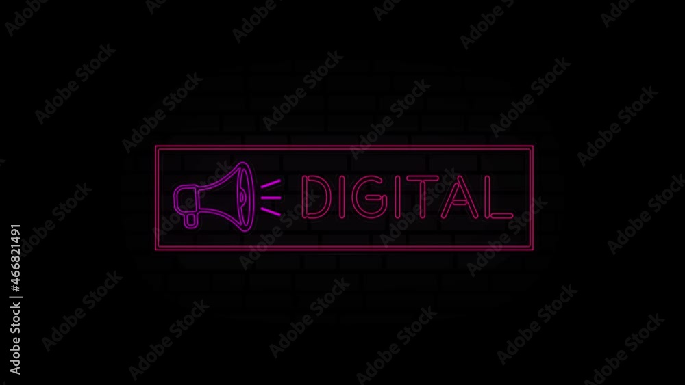 Poster Digital neon sign in a frame with a megaphone on a black background. Animation glowing neon line text Digital. 4K Video motion graphic animation.