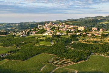 View of the small village of Rodello on the vineyard hills of the Langhe area, Unesco World...