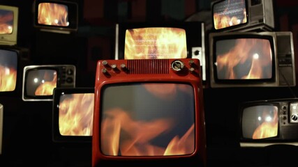 Flames on Old CRT TVs, Retro Televisions Showing Fire Footage, Dark Background - Powered by Adobe