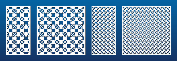 Laser cut patterns. Vector design with elegant geometric ornament, abstract grid, floral shapes. Arabian style design. Template for cnc cutting, decorative panels of wood, metal. Aspect ratio 1:2, 1:1