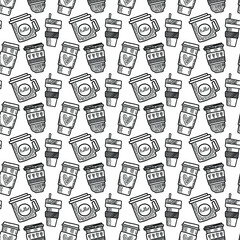 Vector seamless pattern. Outline Illustrations of reusable cups. Coffee and tea mugs for take away drinks. For advertising social media posts printing on paper and fabric.
