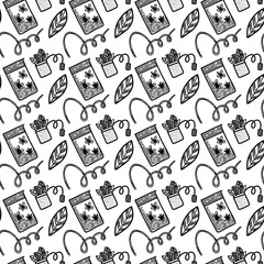 Vector seamless pattern. Outline Illustrations of reusable cups. Coffee and tea mugs for take away drinks. For advertising social media posts printing on paper and fabric.

