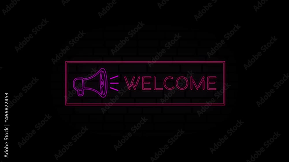 Aufkleber welcome neon sign in a frame with a megaphone on a black background. animation glowing neon line tex