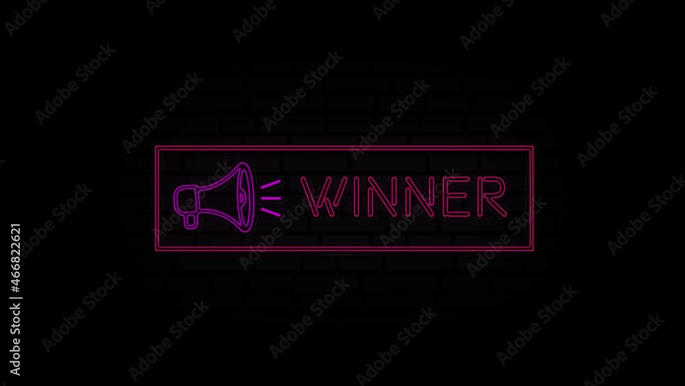 Aufkleber winner neon sign in a frame with a megaphone on a black background. animation glowing neon line text
