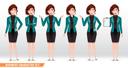 Obraz premium Businessman characters vector set. Business woman character in friendly expression with standing and holding pose and gesture for female employee collection design. Vector illustration. 