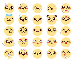 Fototapeta premium Smileys chibi characters vector set. Kawaii emojis collection with cute facial expressions in yellow faces for friendly cartoon emoticon design. Vector illustration. 