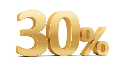 Gold percent isolated on white background. 30% off on sale. Illustration for business ideas. 3d rendering.