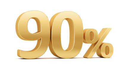 Gold percent isolated on white background. 90% off on sale. Illustration for business ideas. 3d rendering.