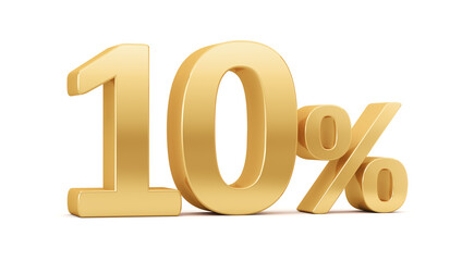 Golden ten percent on a white background. Illustration for advertising. 3d render.