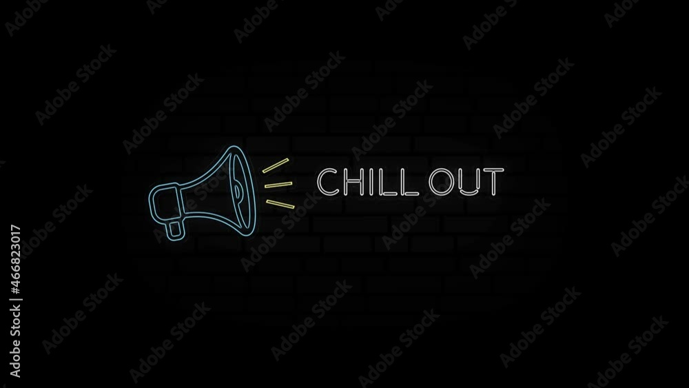Poster glowing neon line megaphone icon with text chill out isolated on black background. 4k video motion g