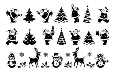 Merry Christmas and Happy New Year icons and symbols set. Various Santa Claus with Christmas tree, ice skating, giving gifts. Cute snowmen and reindeer. Isolated black silhouette. Vector