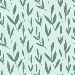Naklejka na ściany i meble Green leaves seamless pattern on blue background. Foliage vector for paper, wallpaper, fabric, interior design. 