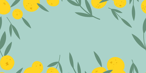 Fototapeta na wymiar Bright yellow oranges banner on blue background. Vector illustration.