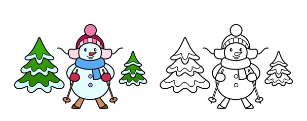 Coloring Pages. Coloring book snowman skiing. Cute snowman skiing against the background of Christmas trees. Isolated. Vector illustration
