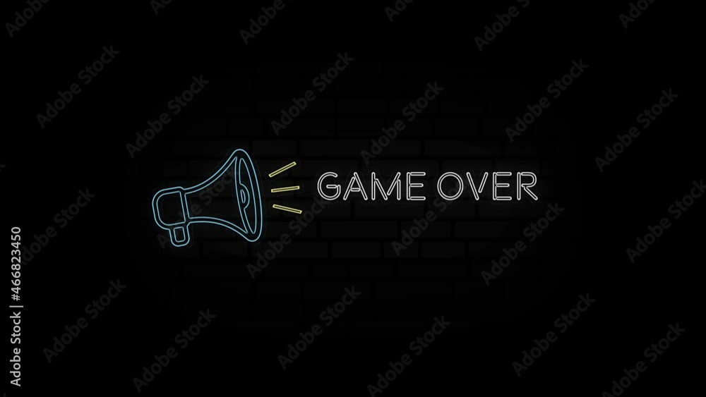 Poster Glowing neon line Megaphone icon with text Game over isolated on black background. 4K Video motion graphic animation.
