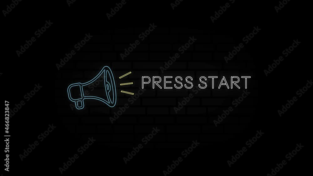 Poster glowing neon line megaphone icon with text press start isolated on black background. 4k video motion