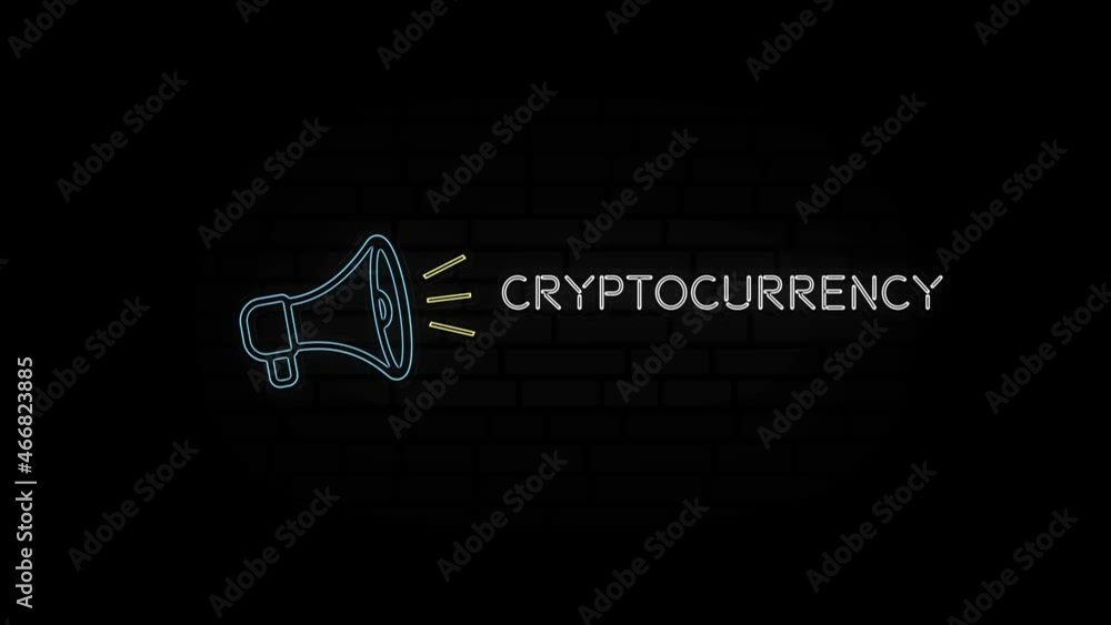 Poster glowing neon line megaphone icon with text cryptocurrency isolated on black background. 4k video mot