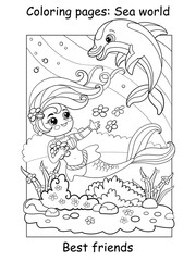 Coloring book page cute mermaid swims with a dolphin