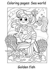 Coloring book page cute mermaid with golden fish