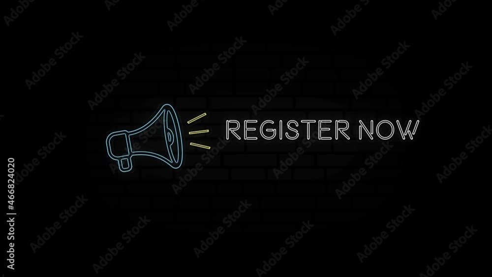 Poster glowing neon line megaphone icon with text register now isolated on black background. 4k video motio