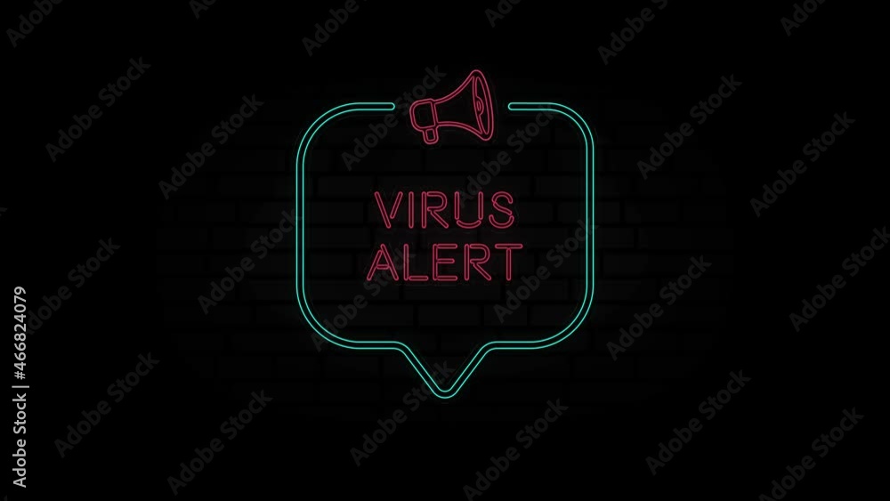 Poster glowing neon line megaphone icon with text virus alert isolated on black background. virus alert neo