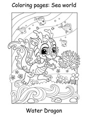 Coloring book page cute baby dragon swims with a fish