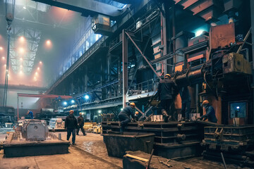 Fototapeta na wymiar Heavy industry, steel mill foundry industrial metallurgical plant workshop interior, steelmaking manufacturing with many workers.
