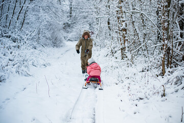 brother pulls sledge with sister. boy and little girl walk in winter among snow-covered trees. Family communication during a walk. Choosing the right clothing for winter outdoor activities.