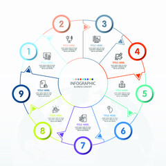 Basic circle infographic template with 9 steps, process or options, process chart, Used for process diagram, presentations, workflow layout, flow chart, infograph. Vector eps10 illustration.