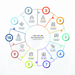 Basic circle infographic template with 10 steps, process or options, process chart, Used for process diagram, presentations, workflow layout, flow chart, infograph. Vector eps10 illustration.