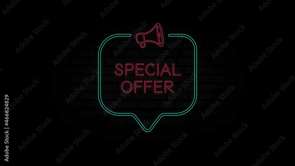 Poster glowing neon line megaphone icon with text special offer isolated on black background. special offer