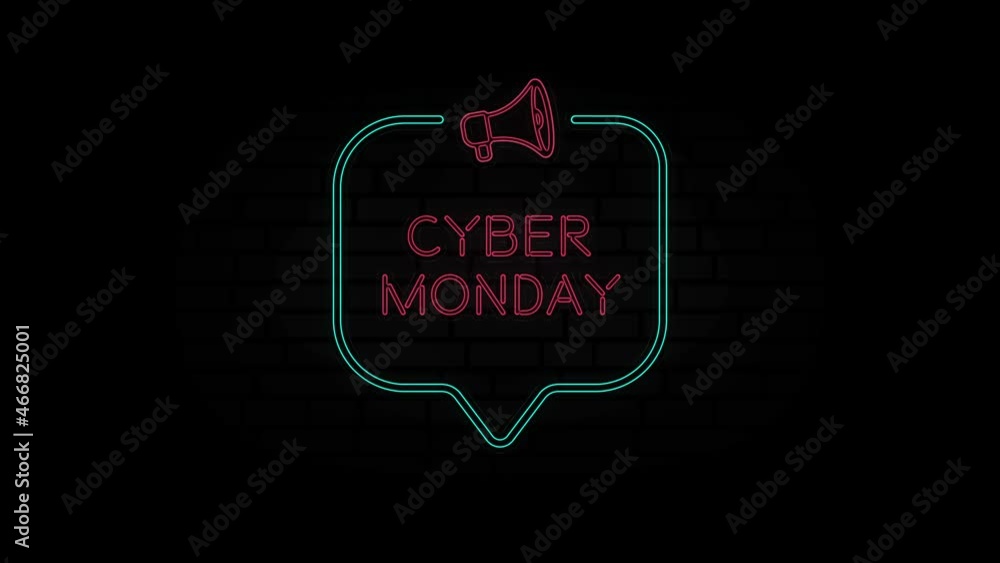 Poster glowing neon line megaphone icon with text cyber monday isolated on black background. cyber monday n
