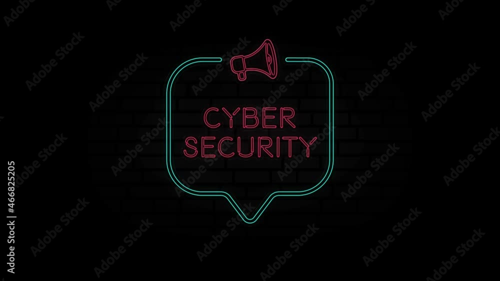 Poster Glowing neon line Megaphone icon with text Cyber security isolated on black background. Cyber security neon sign in speech bubble frame with megaphone. 4K Video motion graphic animation.