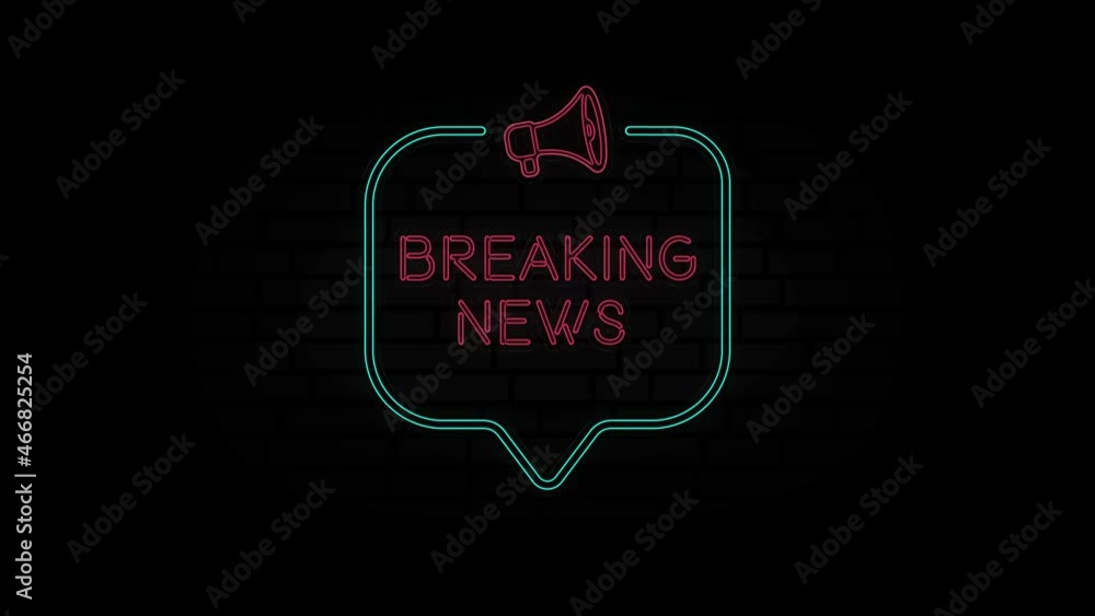 Poster Glowing neon line Megaphone icon with text Breaking news isolated on black background. Breaking news neon sign in speech bubble frame with megaphone. 4K Video motion graphic animation.
