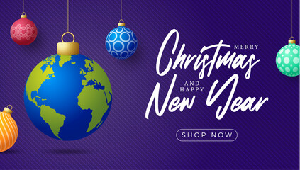 planet earth Christmas ball card. Merry Christmas world greeting card. Hang on a thread earth planet as a xmas ball bauble on black background. world Vector illustration.