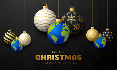 planet earth Christmas ball card. Merry Christmas world greeting card. Hang on a thread earth planet as a xmas ball bauble on black background. world Vector illustration.