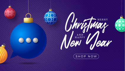 Chat Christmas card. Merry Christmas talk speak greeting card. Hang on a thread blue chat bubble as a xmas ball bauble on black background. Communication Vector illustration.