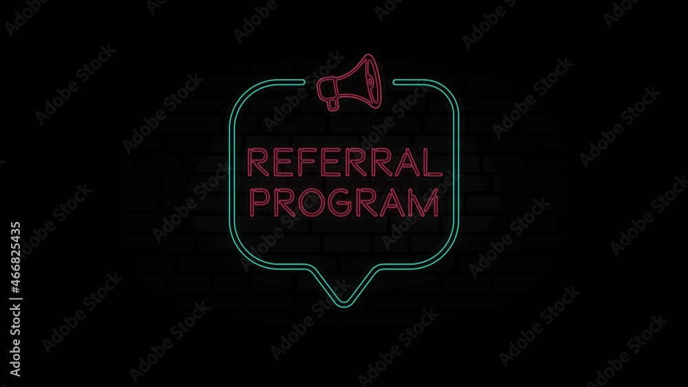 Aufkleber glowing neon line megaphone icon with text referral program isolated on black background. referral p
