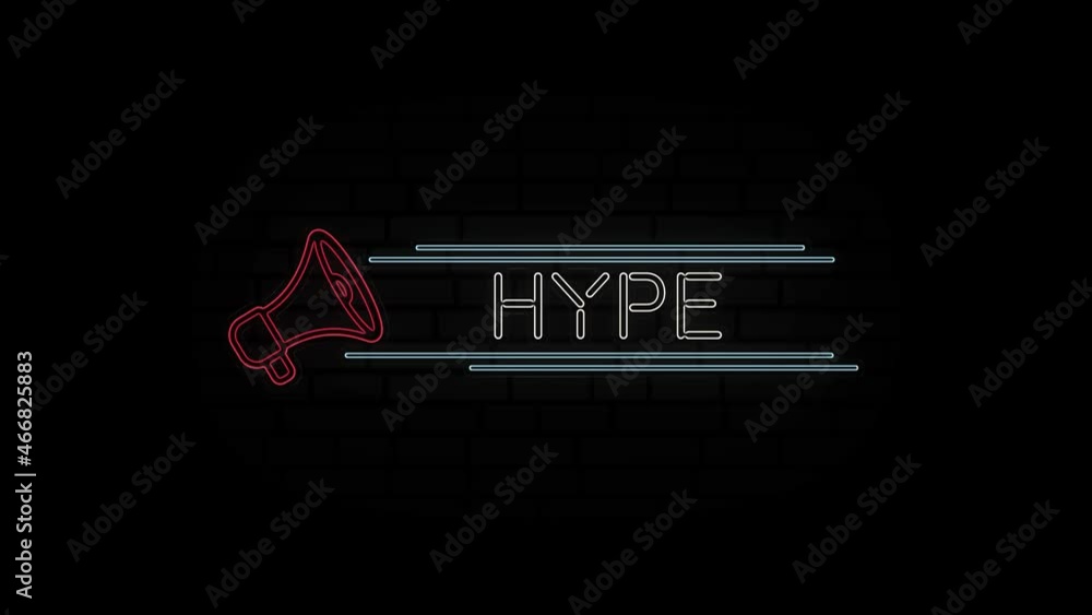 Poster glowing neon line megaphone icon with text hype isolated on black background. 4k video motion graphi