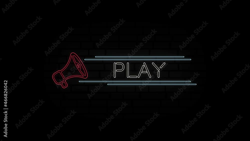 Poster glowing neon line megaphone icon with text play isolated on black background. 4k video motion graphi