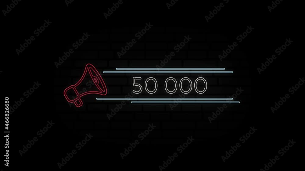 Aufkleber glowing neon line megaphone icon with number 50k isolated on black background. 50000 subscribers. 4k