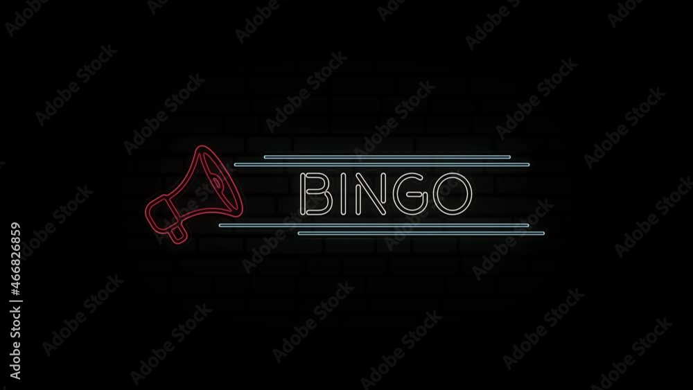 Poster glowing neon line megaphone icon with text bingo isolated on black background. 4k video motion graph
