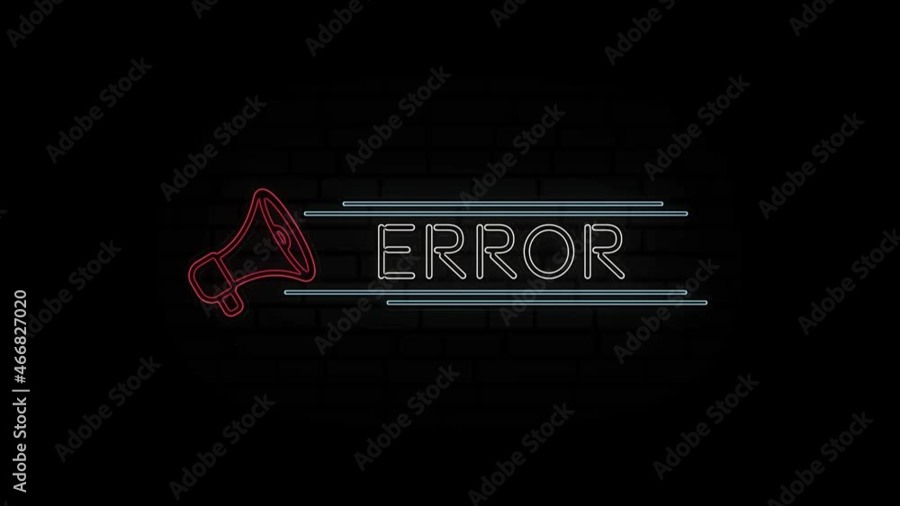 Poster Glowing neon line Megaphone icon with text Error isolated on black background. 4K Video motion graphic animation.