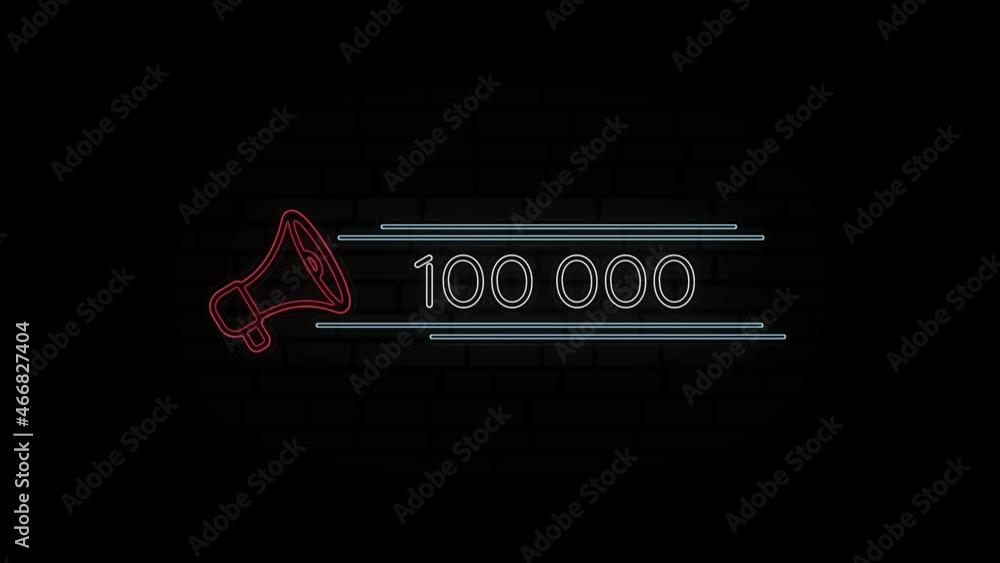 Aufkleber glowing neon line megaphone icon with number 100k isolated on black background. 100000 subscribers. 