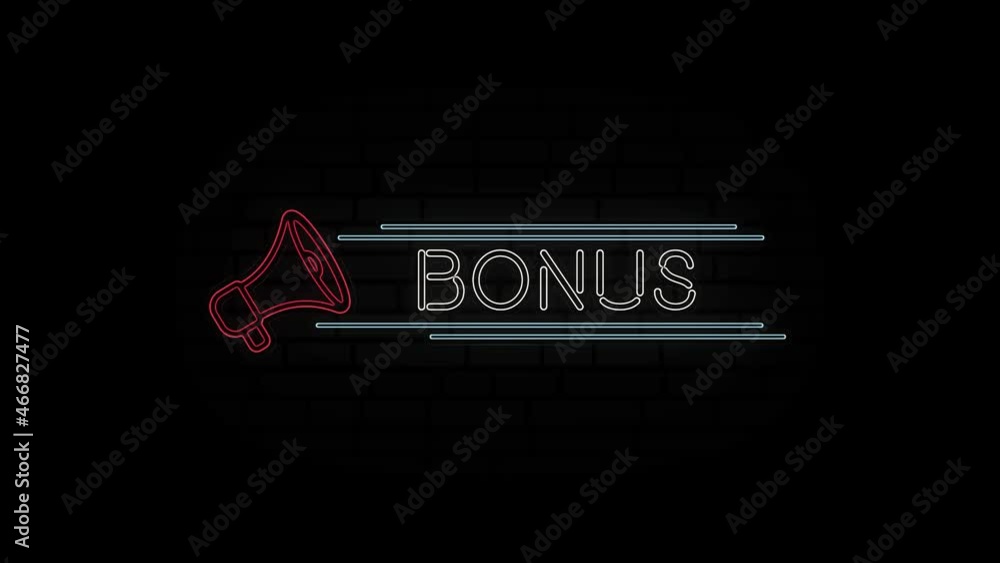 Poster glowing neon line megaphone icon with text bonus isolated on black background. 4k video motion graph