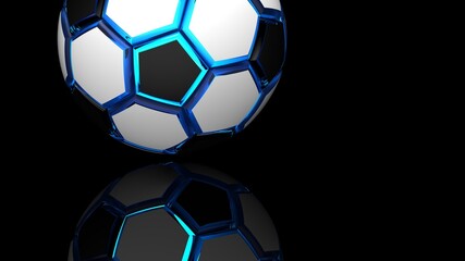 Naklejka premium Black-white soccer ball illuminated blue light under black flash background. 3D illustration. 3D high quality rendering.
