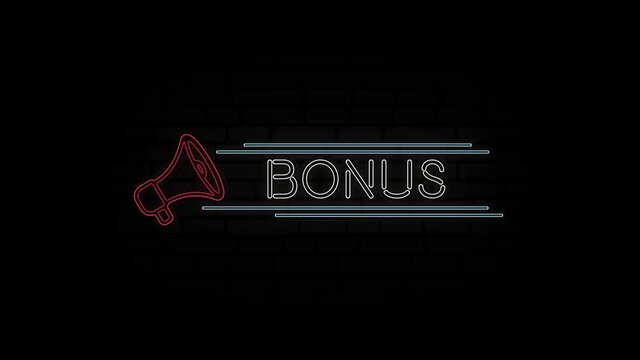Glowing neon line Megaphone icon with text Bonus isolated on black background. 4K Video motion graphic animation.